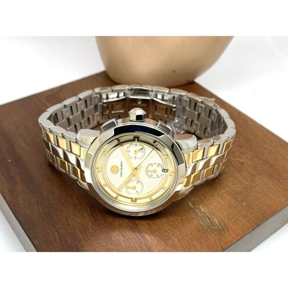Tory Burch Women's Watch TBW1052 Quartz Chronograph Cream Dial Two Tone Steel - Picture 8 of 14